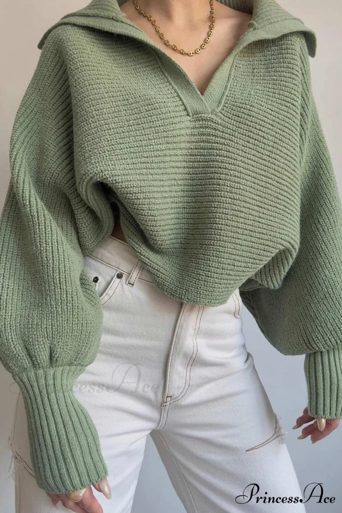 V Neck Puff Sleeve Sweater with Lapel - Image 15