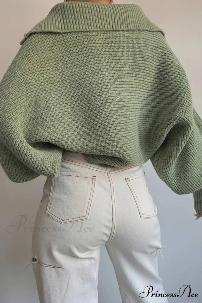 V Neck Puff Sleeve Sweater with Lapel - Image 16