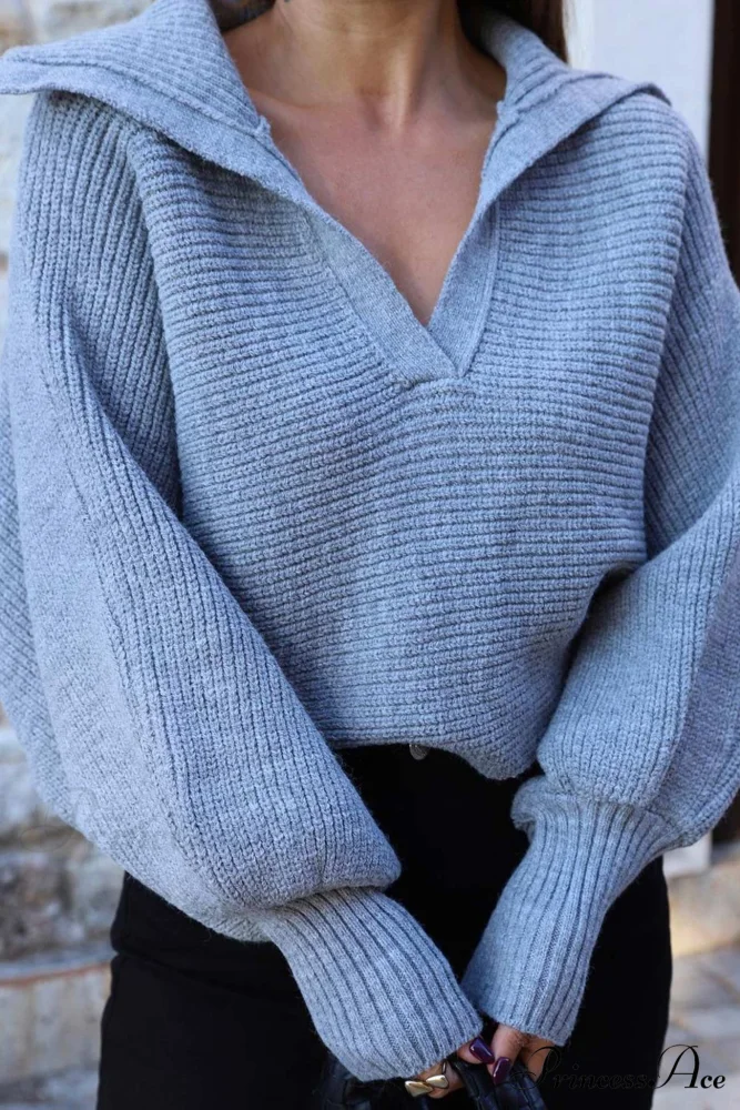 V Neck Puff Sleeve Sweater with Lapel - Image 18
