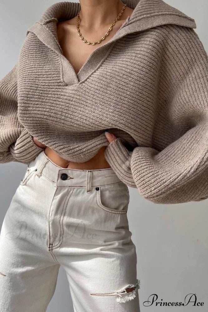 V Neck Puff Sleeve Sweater with Lapel - Image 19