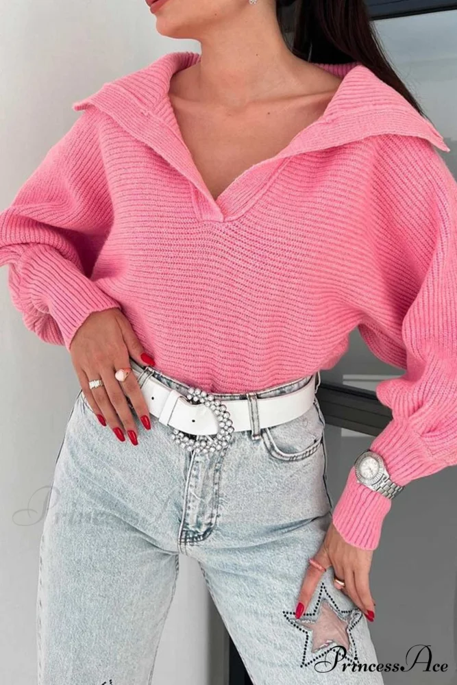 V Neck Puff Sleeve Sweater with Lapel - Image 2