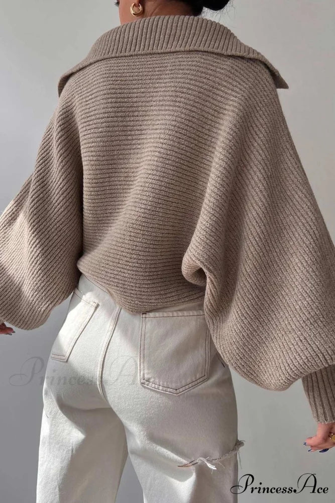 V Neck Puff Sleeve Sweater with Lapel - Image 20