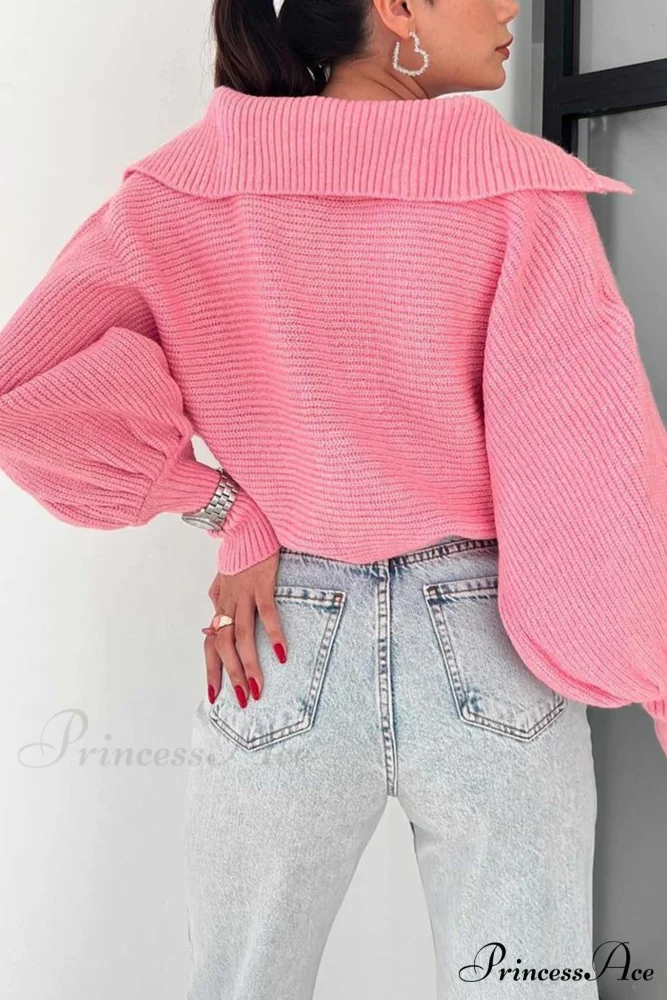 V Neck Puff Sleeve Sweater with Lapel - Image 4