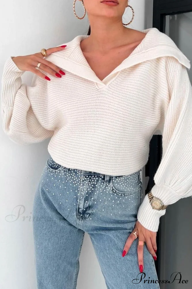 V Neck Puff Sleeve Sweater with Lapel - Image 5