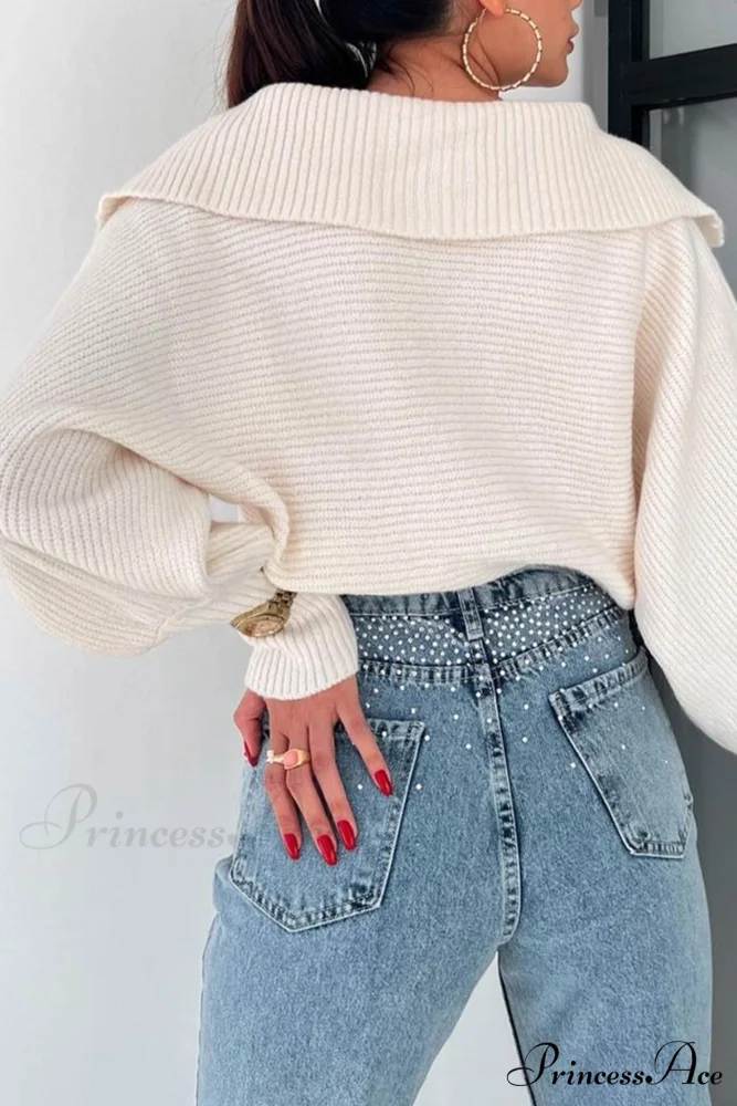 V Neck Puff Sleeve Sweater with Lapel - Image 8