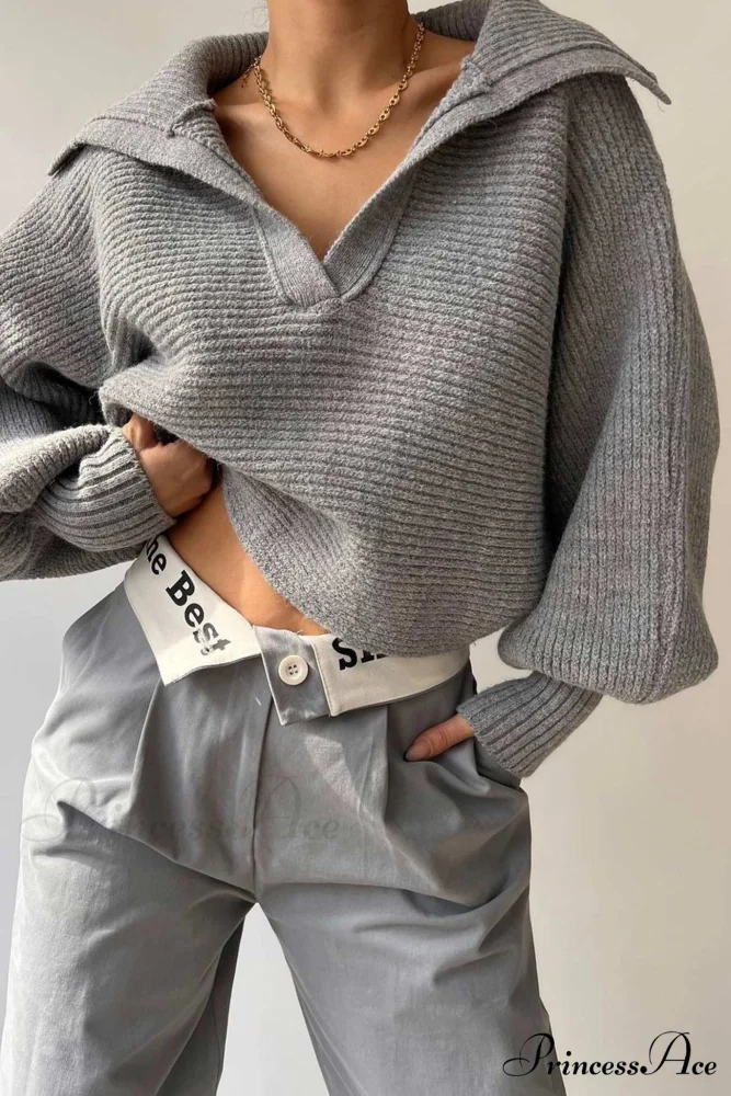 V Neck Puff Sleeve Sweater with Lapel - Image 9
