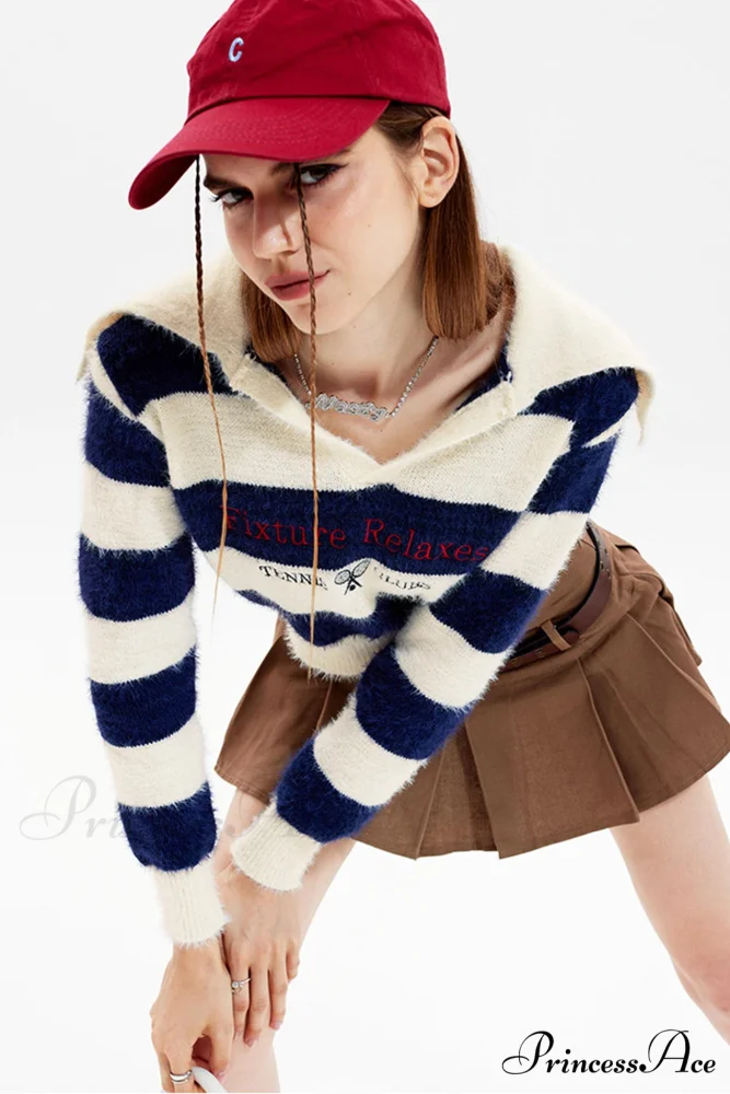 Striped Patchwork Knitted Sweater with Lapel - Image 2
