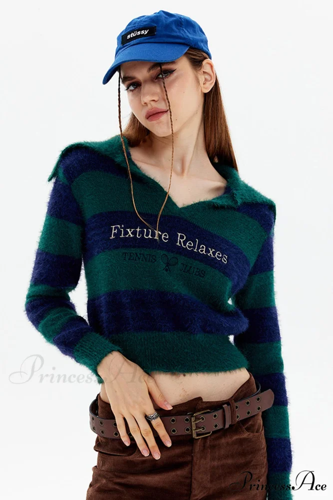 Striped Patchwork Knitted Sweater with Lapel - Image 4