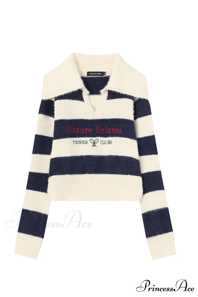 Striped Patchwork Knitted Sweater with Lapel - Image 6