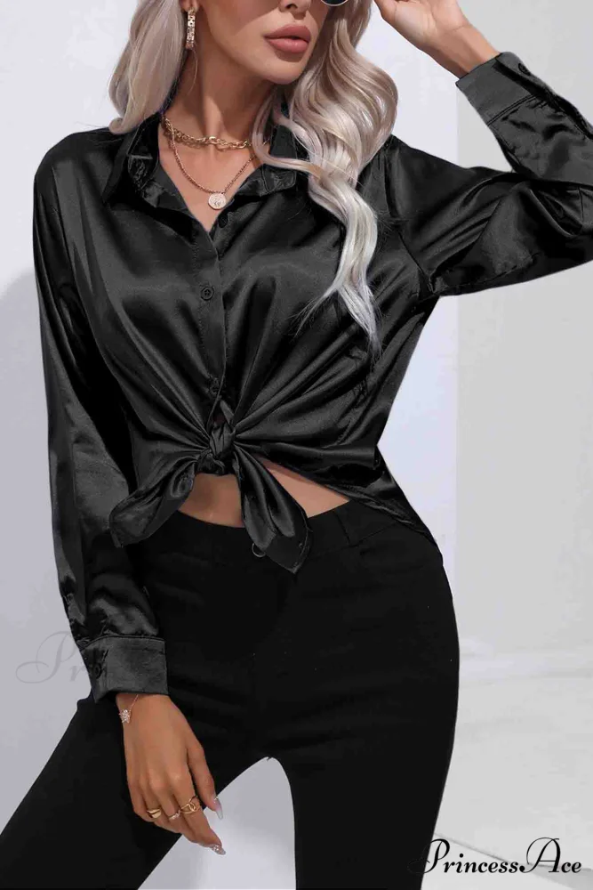 Satin Button Up Blouse with Lapel - Image 10
