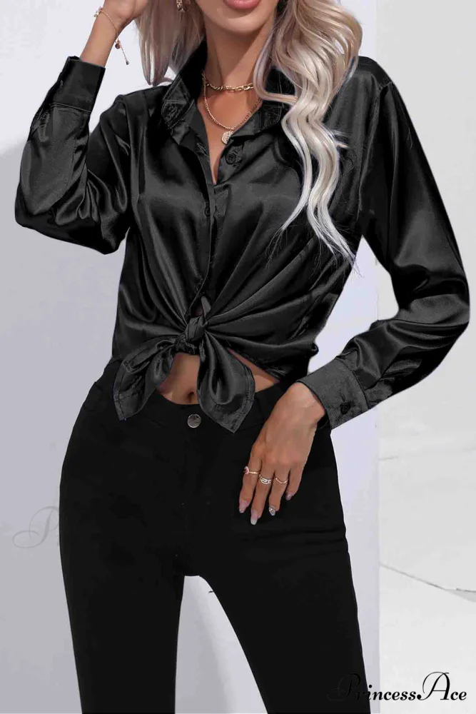 Satin Button Up Blouse with Lapel - Image 11