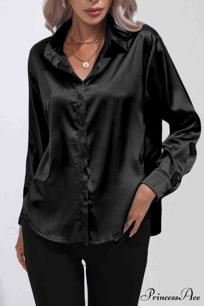 Satin Button Up Blouse with Lapel - Image 12