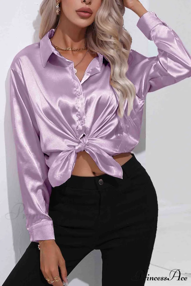 Satin Button Up Blouse with Lapel - Image 19