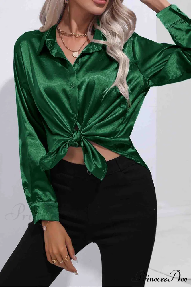 Satin Button Up Blouse with Lapel - Image 2