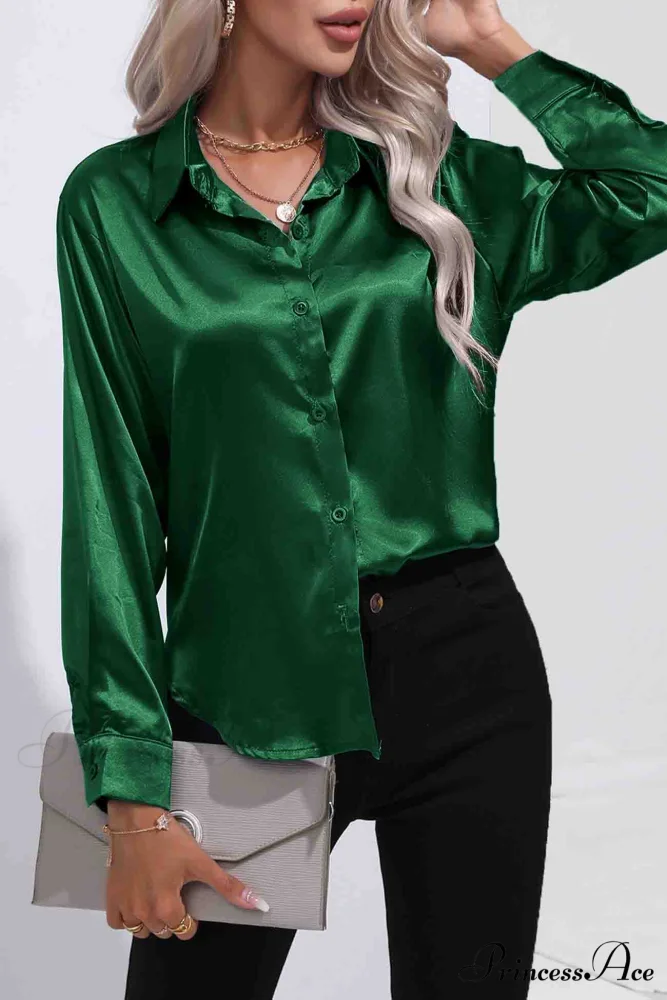 Satin Button Up Blouse with Lapel - Image 3