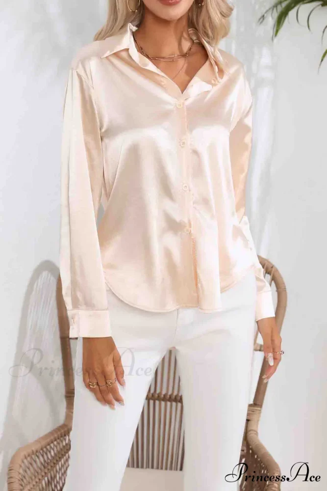 Satin Button Up Blouse with Lapel - Image 8