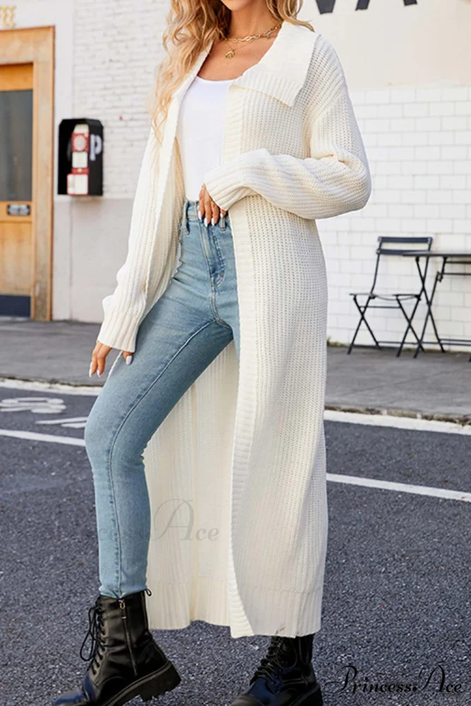 Ribbed Knit Open Front Cardigan with Lapel - Image 2