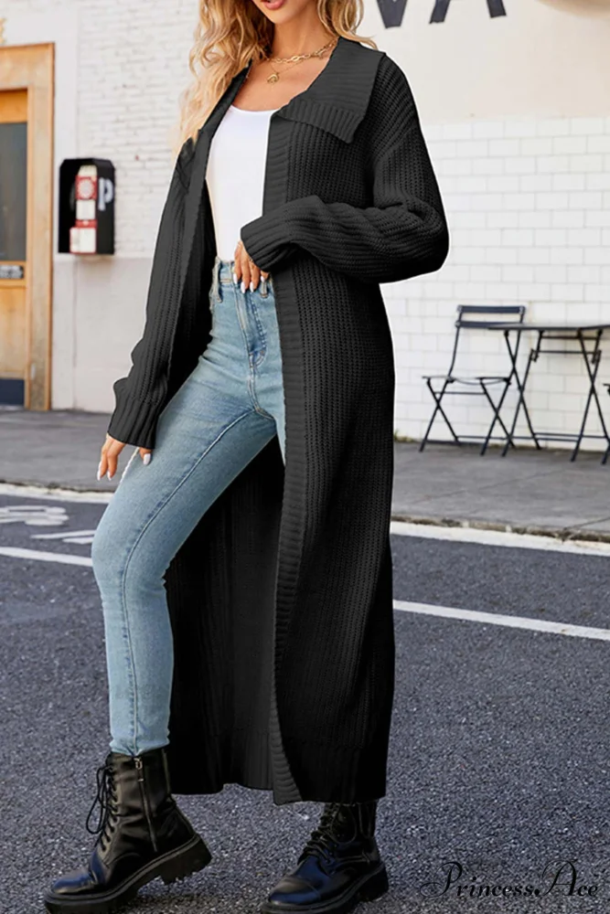 Ribbed Knit Open Front Cardigan with Lapel - Image 4