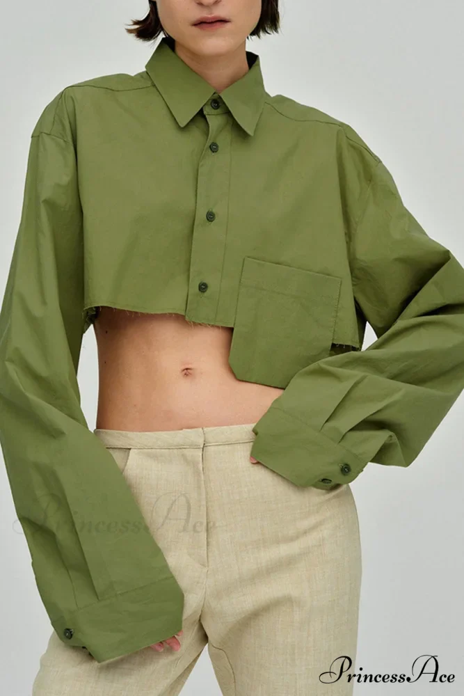 Cropped Shirt with Lapel Patch Pocket - Image 2