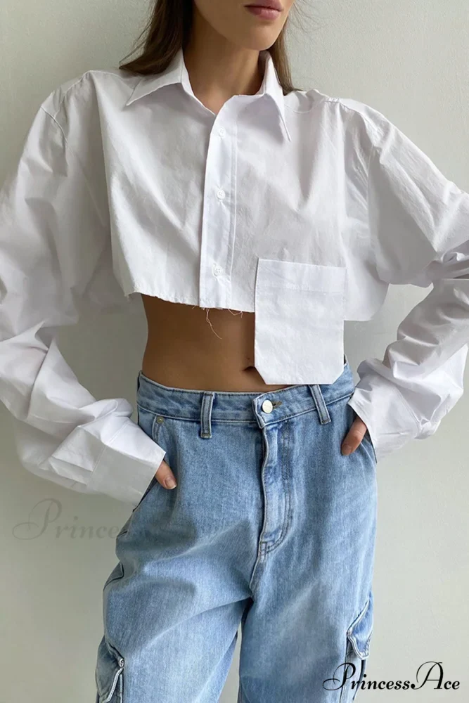 Cropped Shirt with Lapel Patch Pocket - Image 4