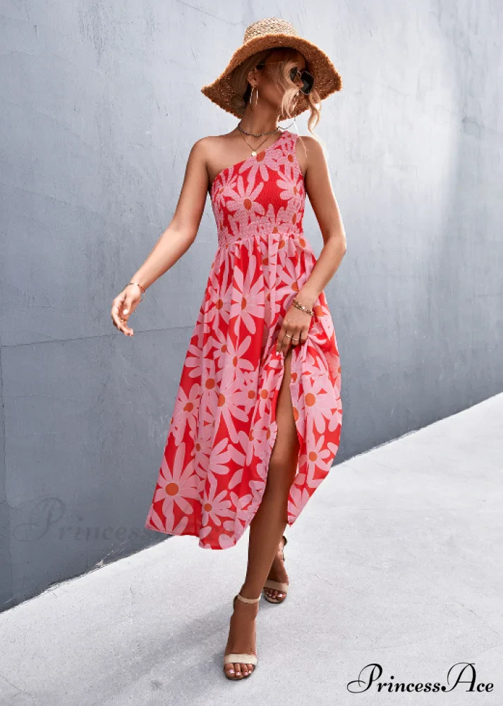 Floral Print Diagonal Shoulder Dress - Image 10