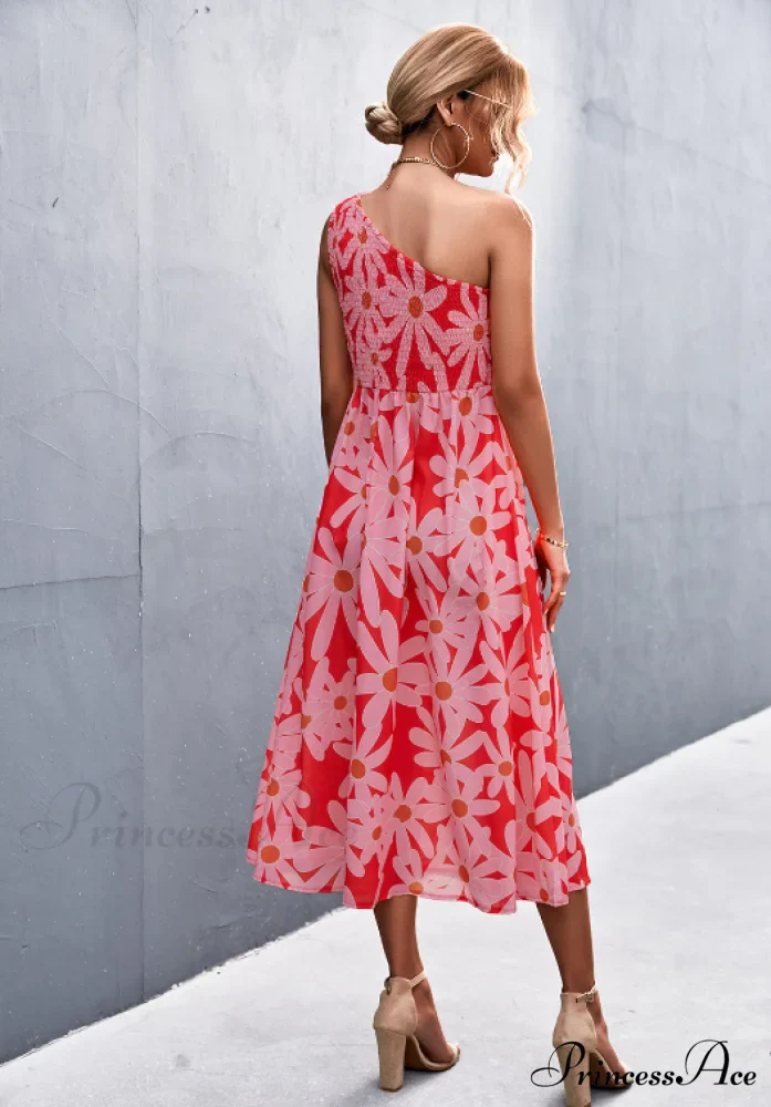 Floral Print Diagonal Shoulder Dress - Image 11