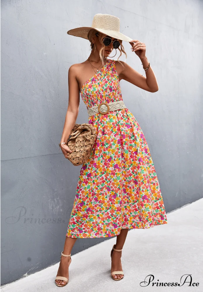 Floral Print Diagonal Shoulder Dress - Image 12