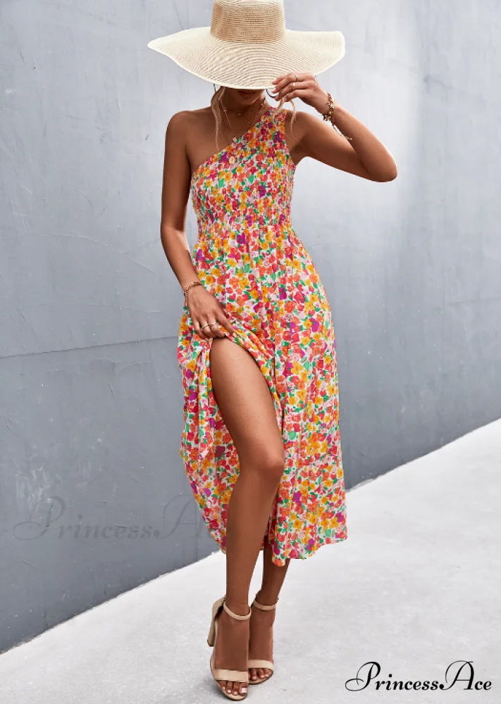Floral Print Diagonal Shoulder Dress - Image 13