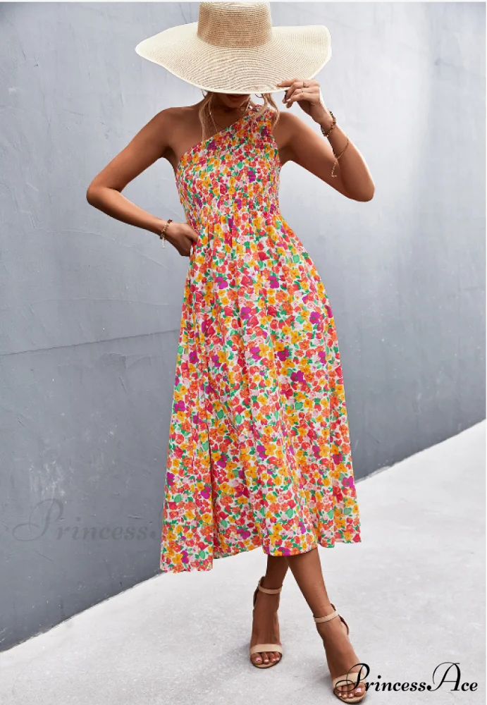 Floral Print Diagonal Shoulder Dress - Image 14