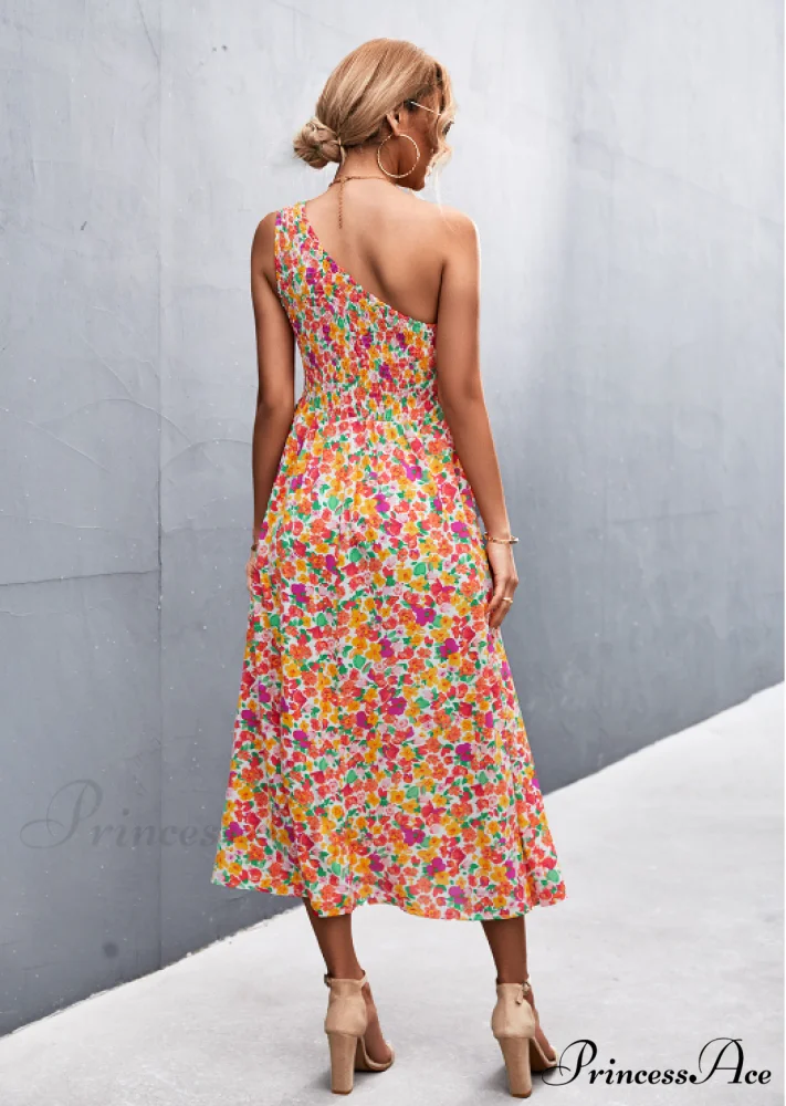 Floral Print Diagonal Shoulder Dress - Image 15