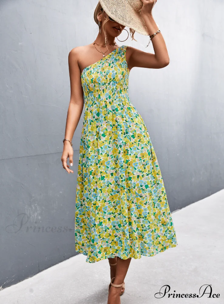 Floral Print Diagonal Shoulder Dress - Image 3