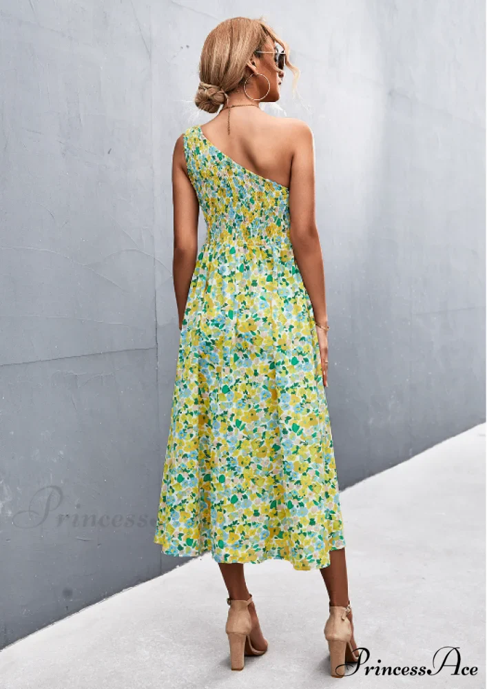 Floral Print Diagonal Shoulder Dress - Image 4