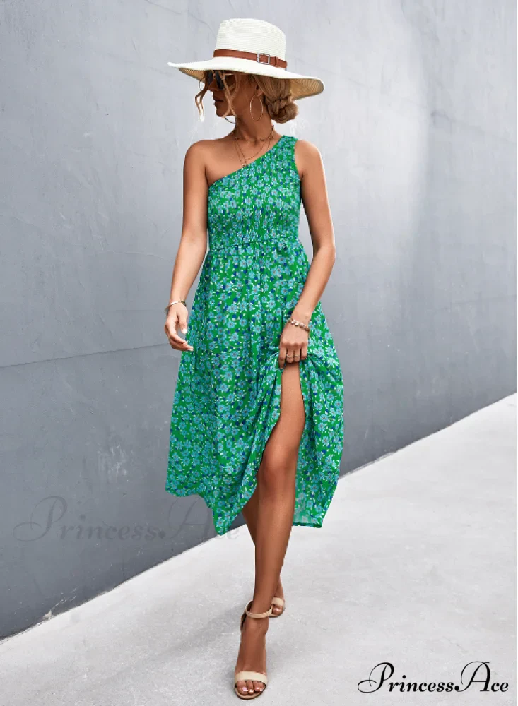 Floral Print Diagonal Shoulder Dress - Image 5