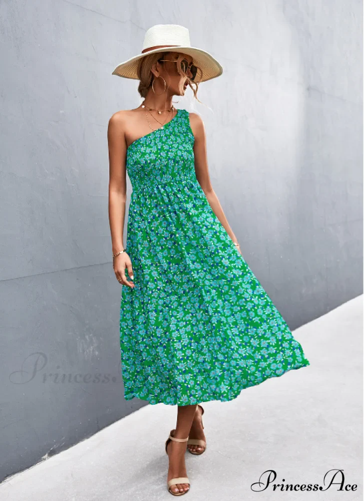 Floral Print Diagonal Shoulder Dress - Image 6