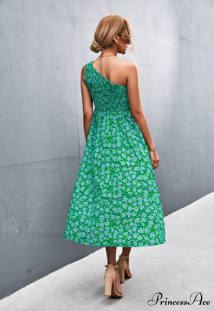 Floral Print Diagonal Shoulder Dress - Image 8