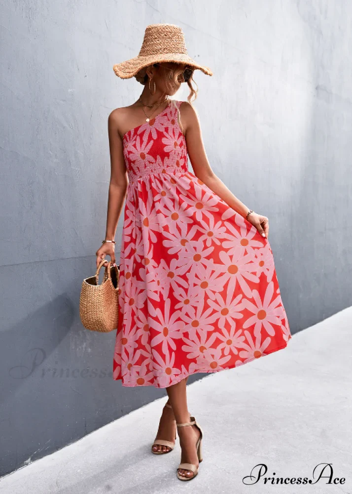 Floral Print Diagonal Shoulder Dress - Image 9