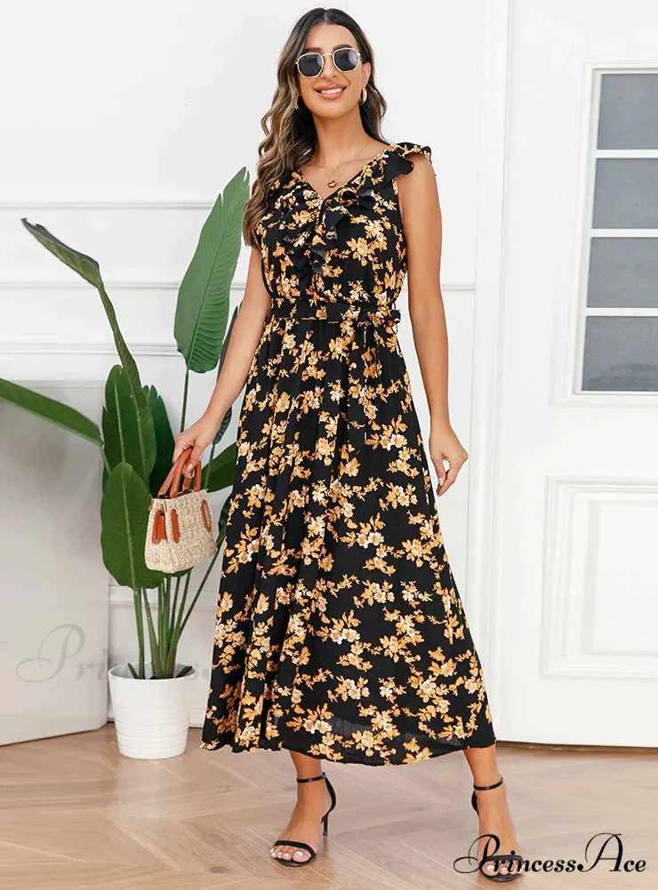 V-Neck Floral Pleated Dress