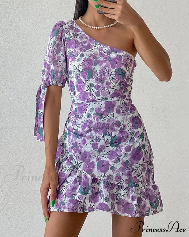 One Shoulder Floral Print Layered Ruffles Dress - Image 2