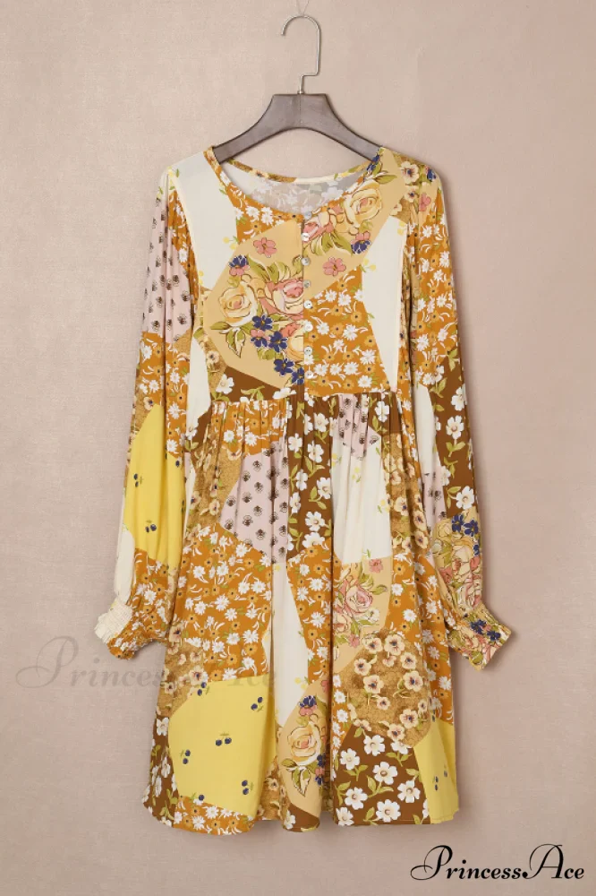 Long Sleeve Dress with Buttons and Broken Flowers - Image 4