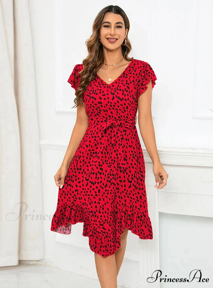 V-Neck Short Sleeve Leopard Print Irregular Dress - Image 3