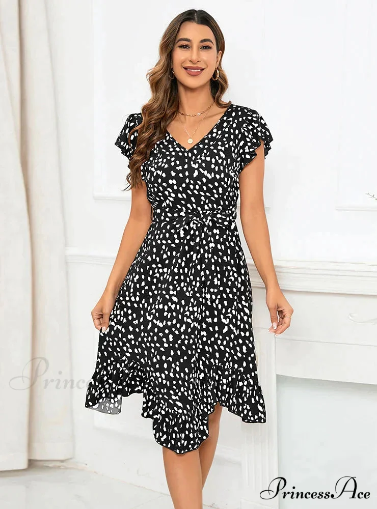 V-Neck Short Sleeve Leopard Print Irregular Dress - Image 4