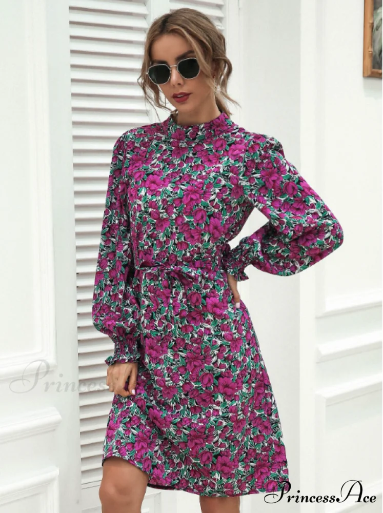 Floral Lace A-Line Skirt with Stand-Up Collar and Lantern Sleeves - Image 2