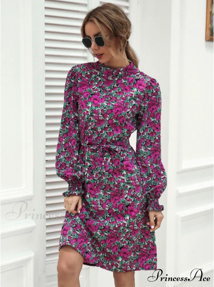 Floral Lace A-Line Skirt with Stand-Up Collar and Lantern Sleeves - Image 3