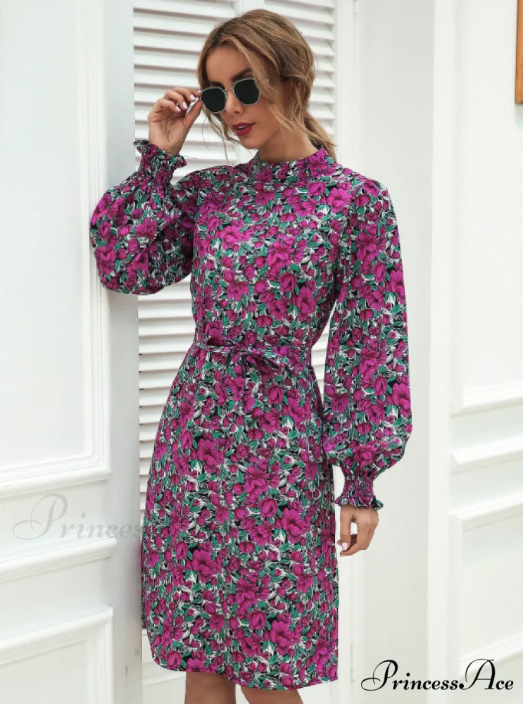 Floral Lace A-Line Skirt with Stand-Up Collar and Lantern Sleeves - Image 4