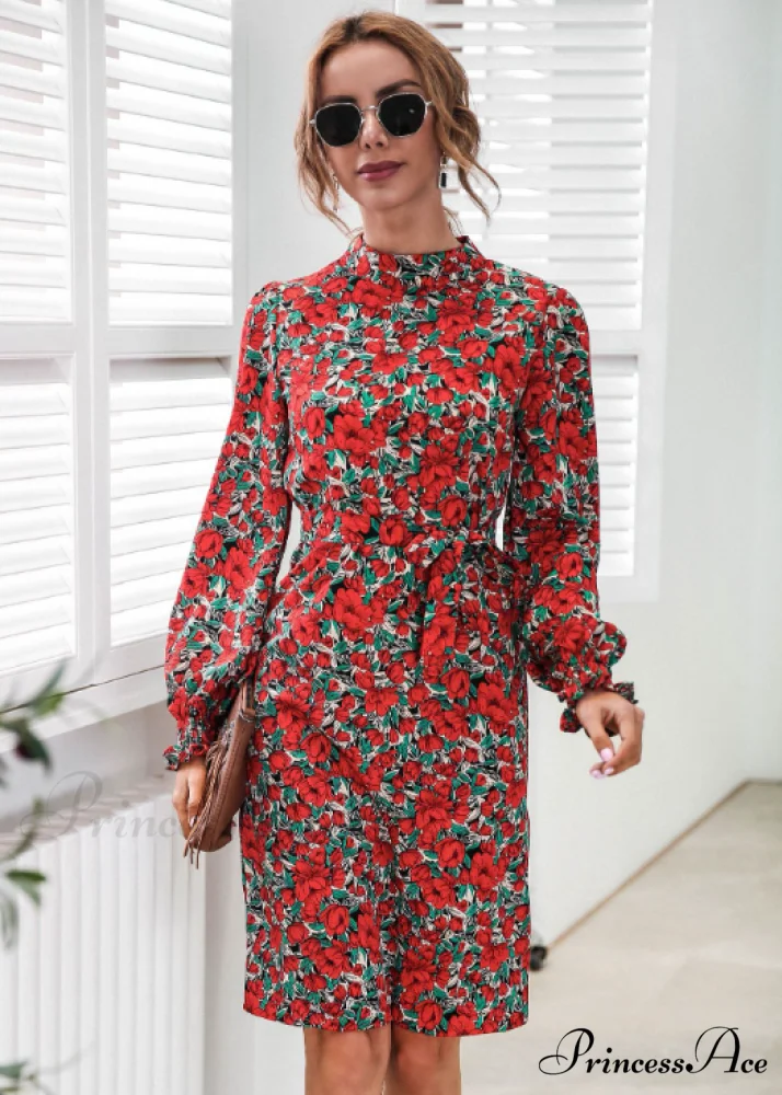 Floral Lace A-Line Skirt with Stand-Up Collar and Lantern Sleeves - Image 6