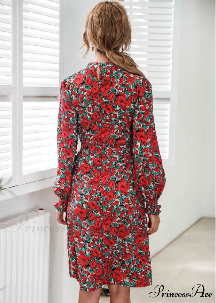 Floral Lace A-Line Skirt with Stand-Up Collar and Lantern Sleeves - Image 8