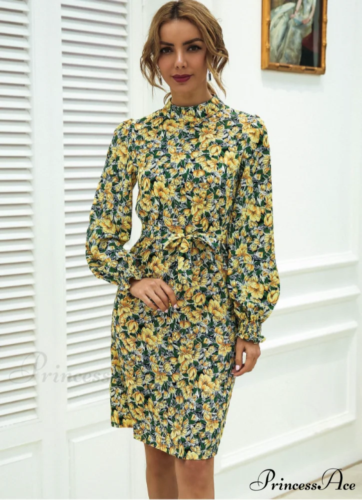 Floral Lace A-Line Skirt with Stand-Up Collar and Lantern Sleeves - Image 9