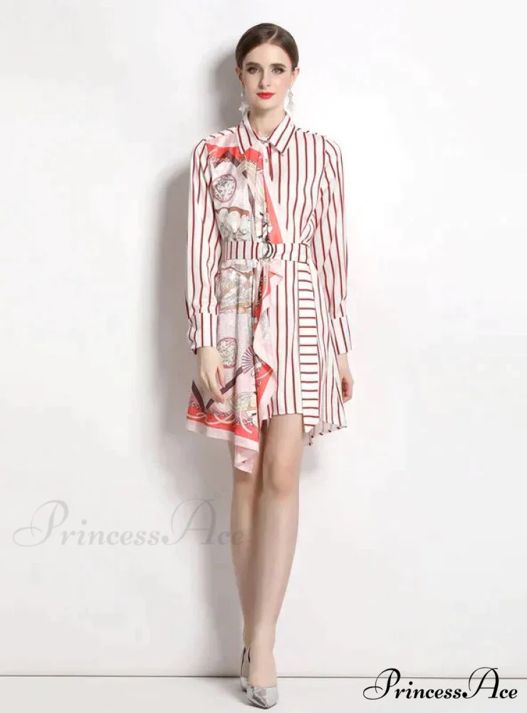 Long-Sleeved Striped Irregular Shirt Dress - Image 4