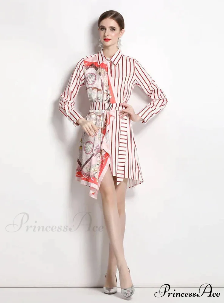 Long-Sleeved Striped Irregular Shirt Dress - Image 5