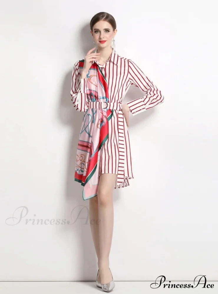 Long-Sleeved Striped Irregular Shirt Dress - Image 6